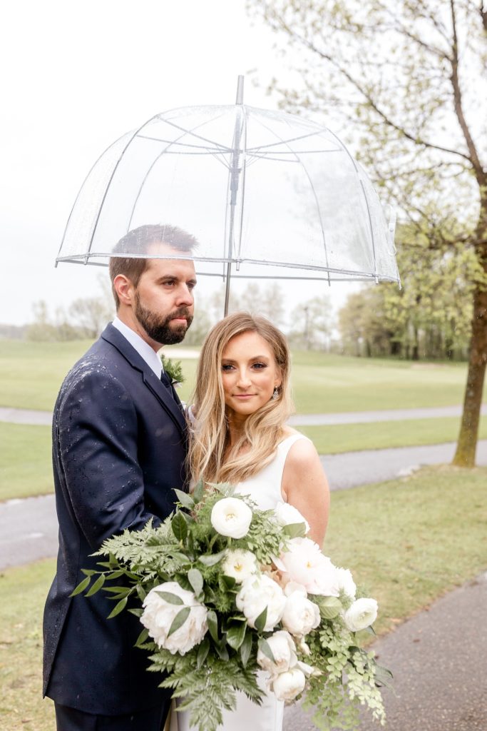 bride and groom with umbrellas 