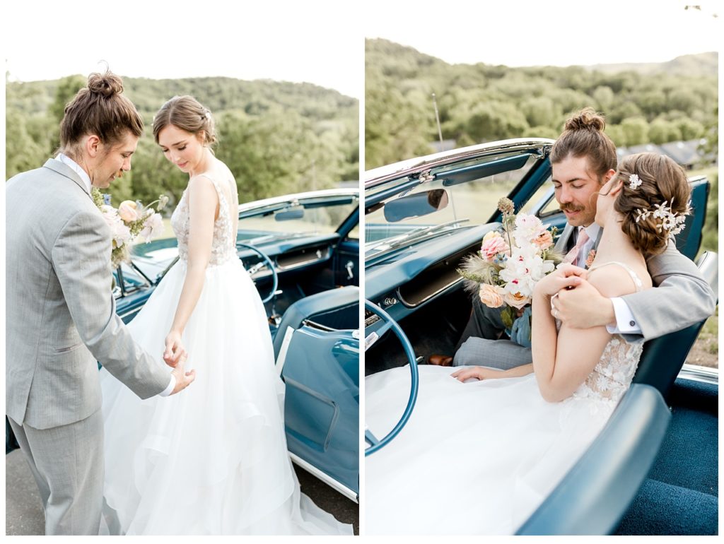 Blue wedding getaway car