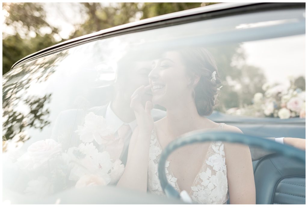 Wedding Couple in getaway Car
