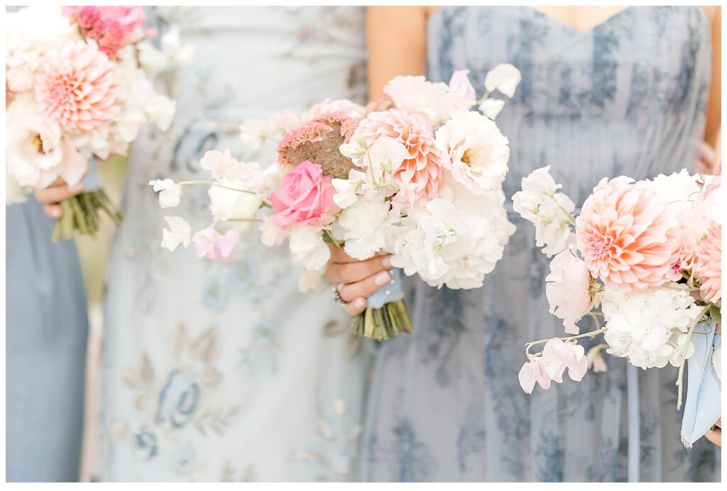 Closeup of bridesmaids bouquets. 