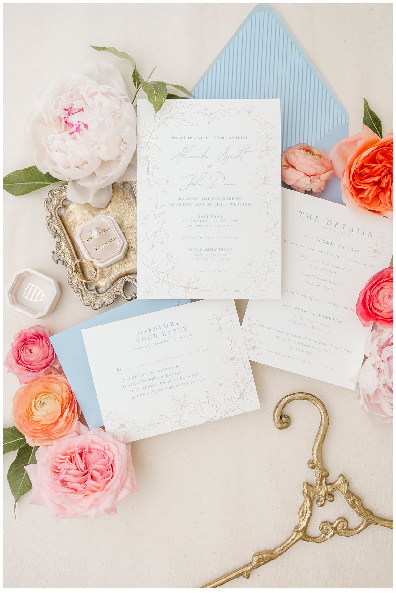 wedding stationery design for blue and pink wedding