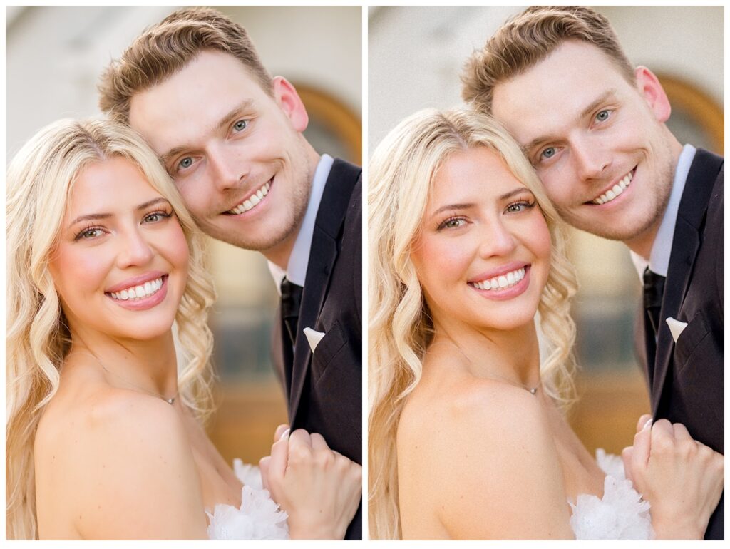 Side-by-side comparison of a bride and groom's wedding portrait, with traditional editing on the left showing natural, vibrant tones and a film-like edit on the right featuring soft, warm, and vintage-inspired hues. Both edits capture the couple's joyful smiles and close, affectionate pose